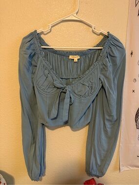La Hearts Dusty Blue Tie-Front Peasant Blouse